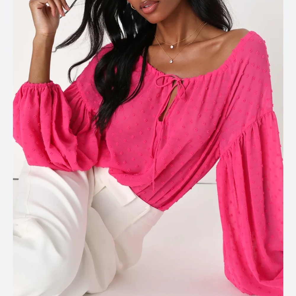 Lulus Hot Pink Swiss Dot Top -Sheer with Balloon Sleeves NWT